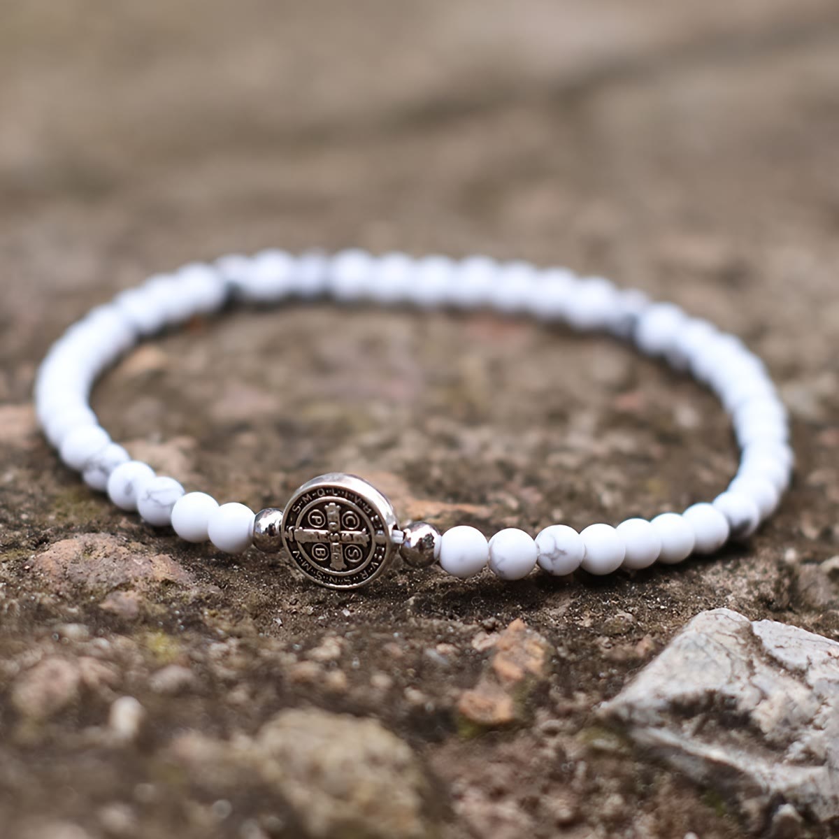 Stretch Natural Stone Bead Bracelet with Embossed St. Benedict Medal Spacers: A Symbol of Divine Protection