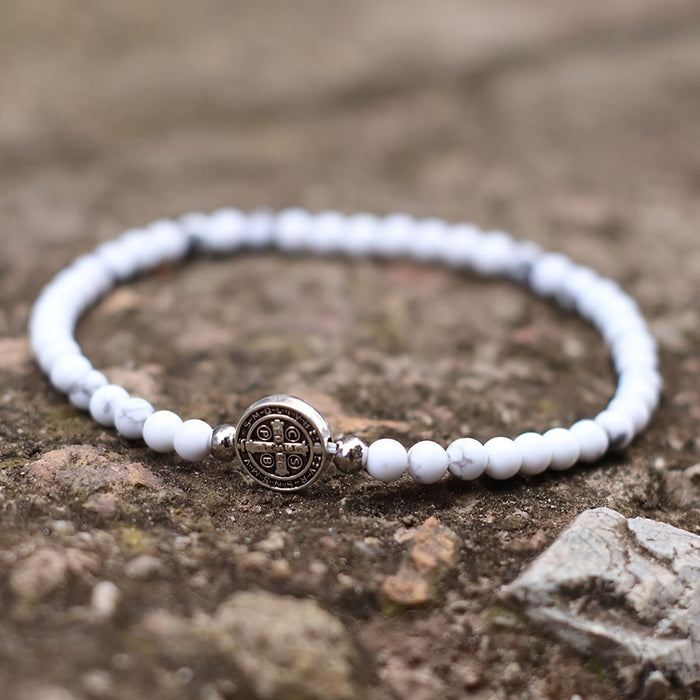 Stretch Natural Stone Bead Bracelet with Embossed St. Benedict Medal Spacers: A Symbol of Divine Protection