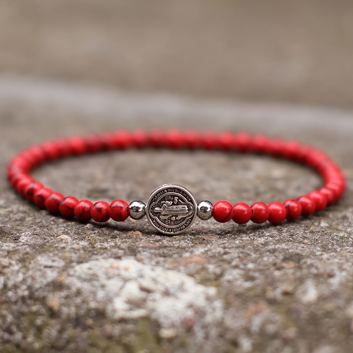 Stretch Natural Stone Bead Bracelet with Embossed St. Benedict Medal Spacers: A Symbol of Divine Protection