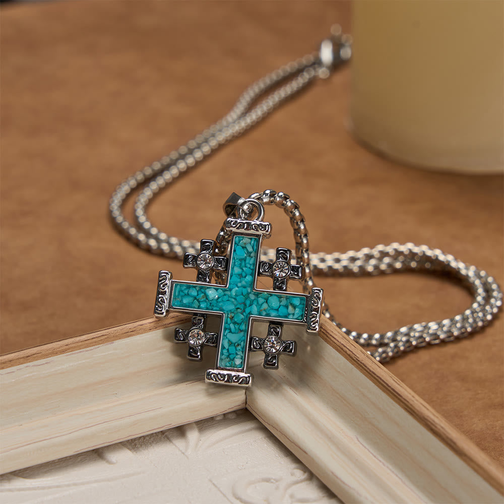 Crushed Turquoise Inlaid Jerusalem Cross Pendant Box Chain Necklace: A Symbol of Complete Faith