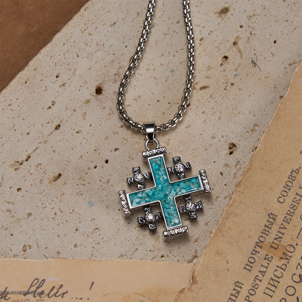 Crushed Turquoise Inlaid Jerusalem Cross Pendant Box Chain Necklace: A Symbol of Complete Faith
