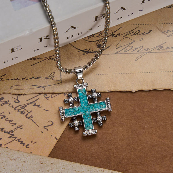 Crushed Turquoise Inlaid Jerusalem Cross Pendant Box Chain Necklace: A Symbol of Complete Faith