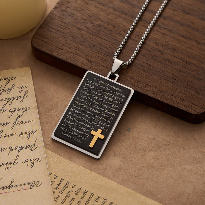 Two-Tone Rectangular Tag Serenity Prayer Engraved Necklace with Raised Gold Cross