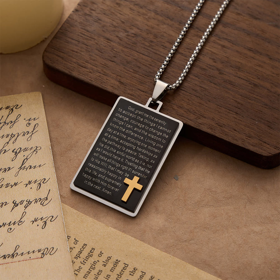 Two-Tone Rectangular Tag Serenity Prayer Engraved Necklace with Raised Gold Cross