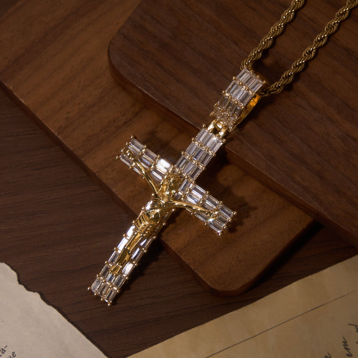 Baguette Zircon Fully Iced Crucifix Pendant Twisted Rope Chain Two-Tone Necklace