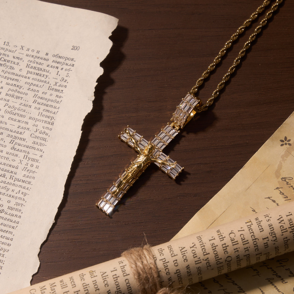 Baguette Zircon Fully Iced Crucifix Pendant Twisted Rope Chain Two-Tone Necklace