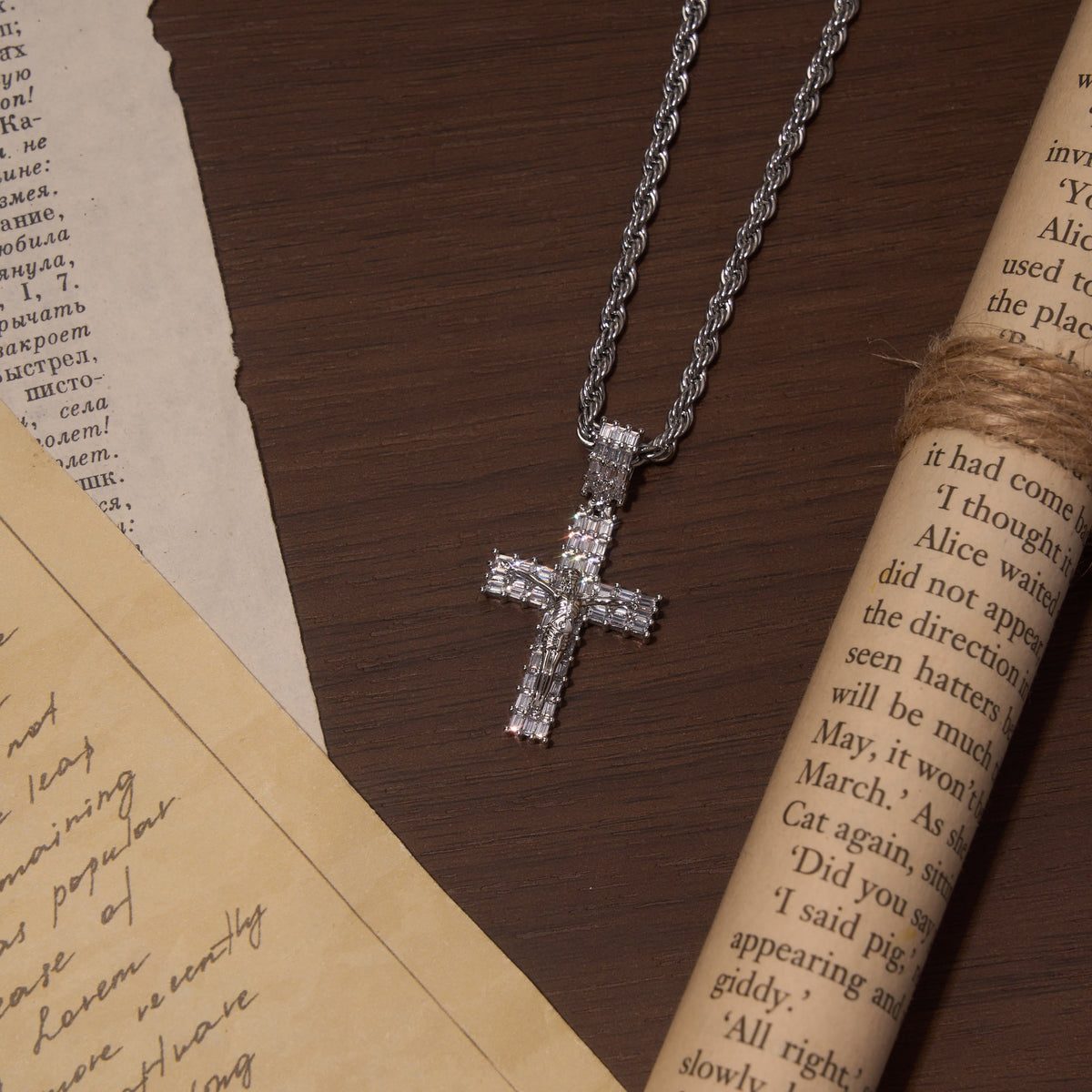 Baguette Zircon Fully Iced Crucifix Pendant Twisted Rope Chain Two-Tone Necklace