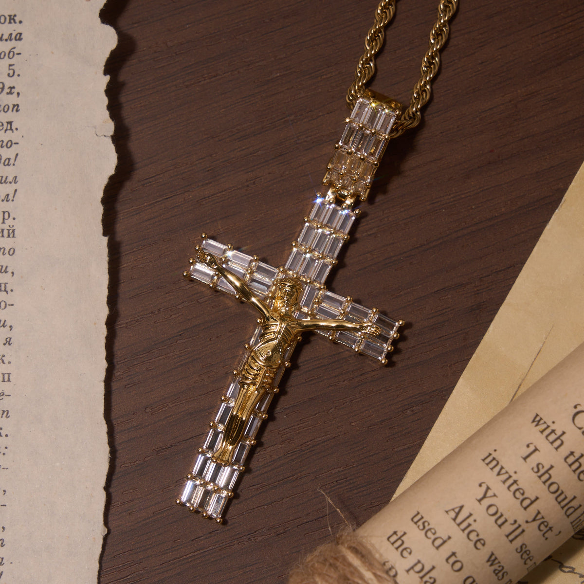 Baguette Zircon Fully Iced Crucifix Pendant Twisted Rope Chain Two-Tone Necklace