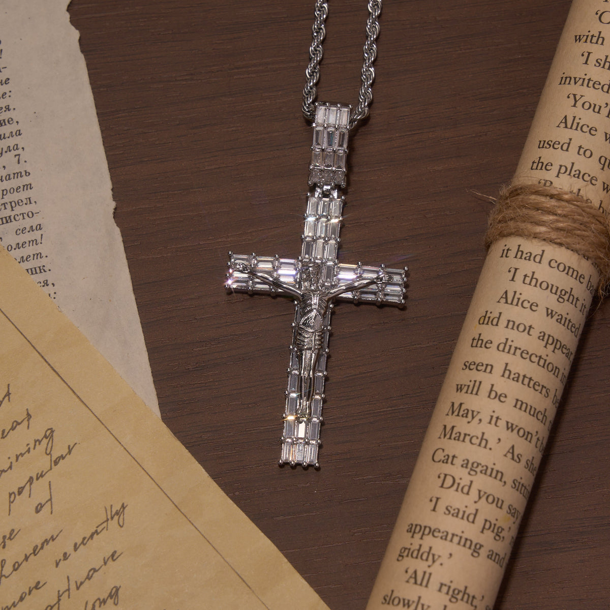 Baguette Zircon Fully Iced Crucifix Pendant Twisted Rope Chain Two-Tone Necklace