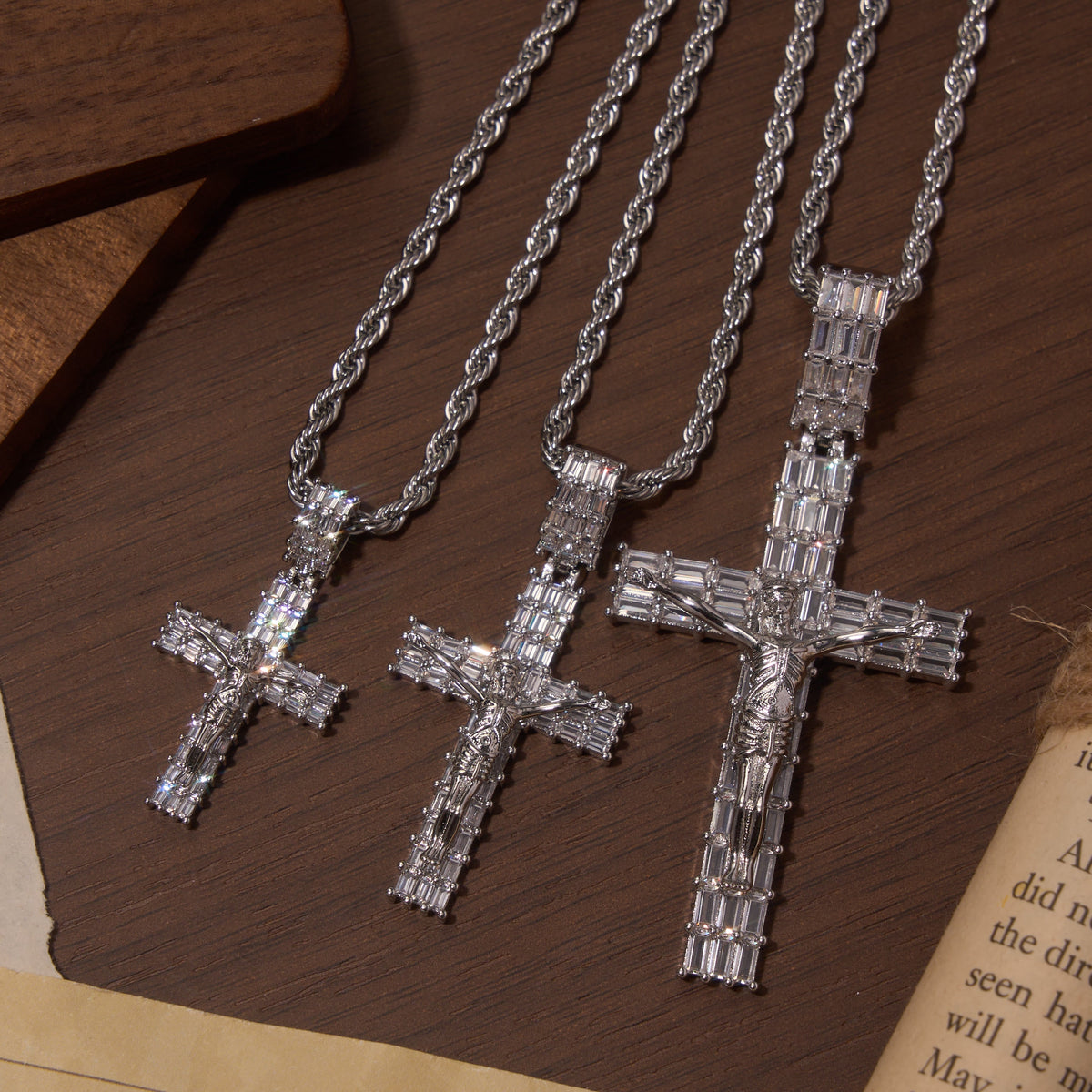 Baguette Zircon Fully Iced Crucifix Pendant Twisted Rope Chain Two-Tone Necklace