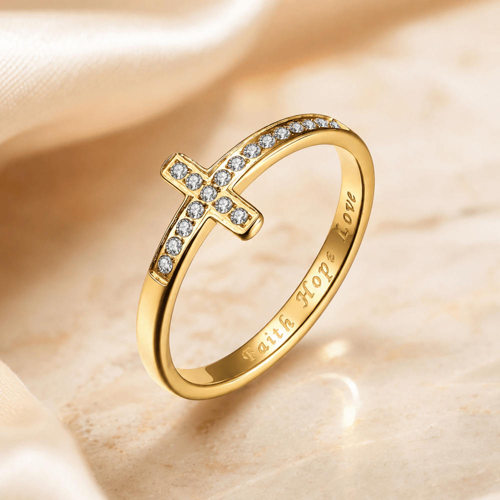Faith Hope Love Engraved Cross Ring with Golden & Silver Two Colors