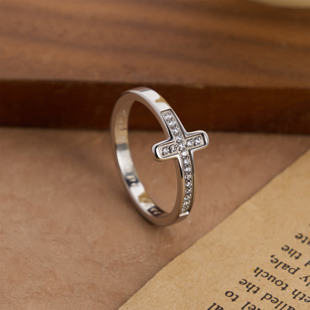 Faith Hope Love Engraved Cross Ring with Golden & Silver Two Colors