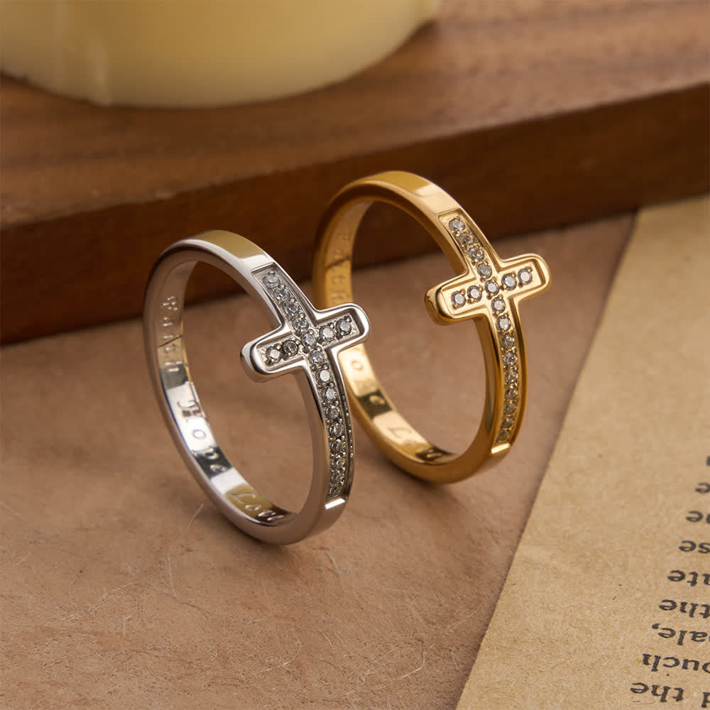 Faith Hope Love Engraved Cross Ring with Golden & Silver Two Colors