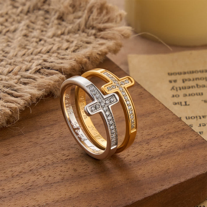 Faith Hope Love Engraved Cross Ring with Golden & Silver Two Colors