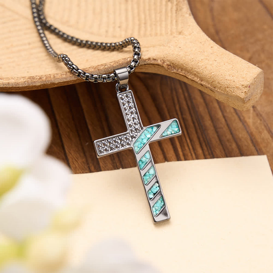 Stars & Stripes Patriotic Faith Cross Necklace with Crushed Turquoise Inlay
