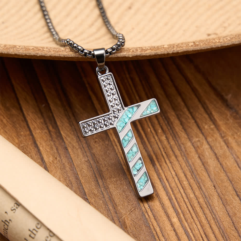 Stars & Stripes Patriotic Faith Cross Necklace with Crushed Turquoise Inlay
