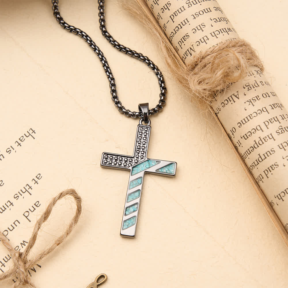 Stars & Stripes Patriotic Faith Cross Necklace with Crushed Turquoise Inlay