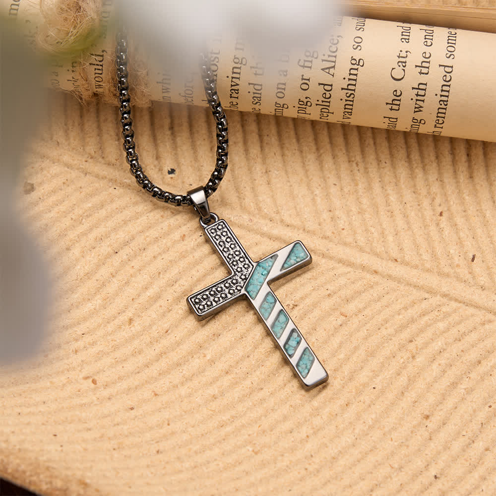 Stars & Stripes Patriotic Faith Cross Necklace with Crushed Turquoise Inlay