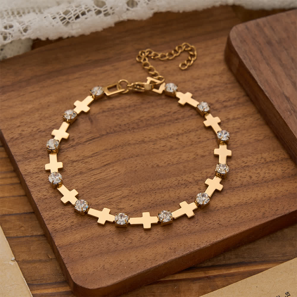 Elegant Everyday Gold Cross Chain Bracelet with Sparkling Rhinestone