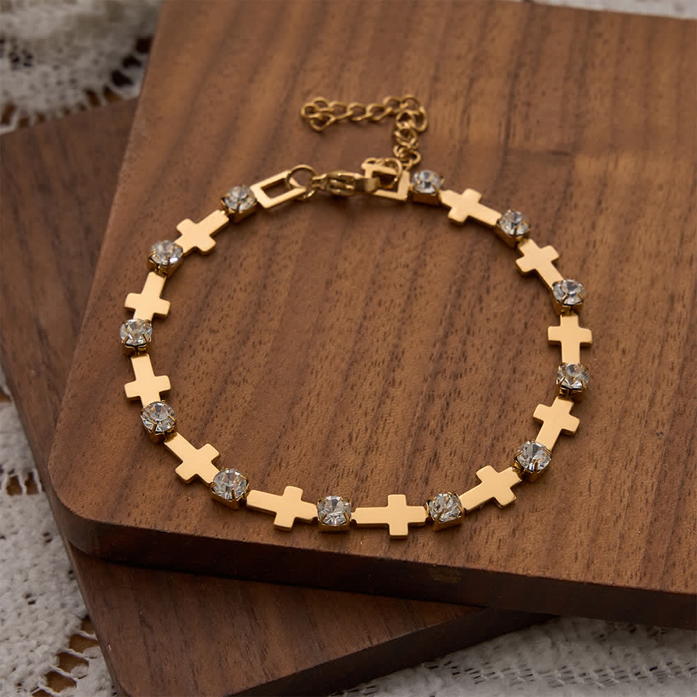 Elegant Everyday Gold Cross Chain Bracelet with Sparkling Rhinestone
