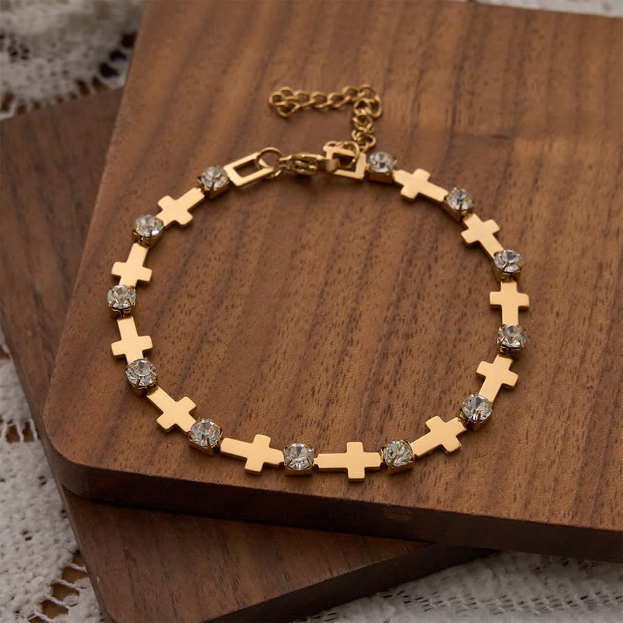 Elegant Everyday Gold Cross Chain Bracelet with Sparkling Rhinestone