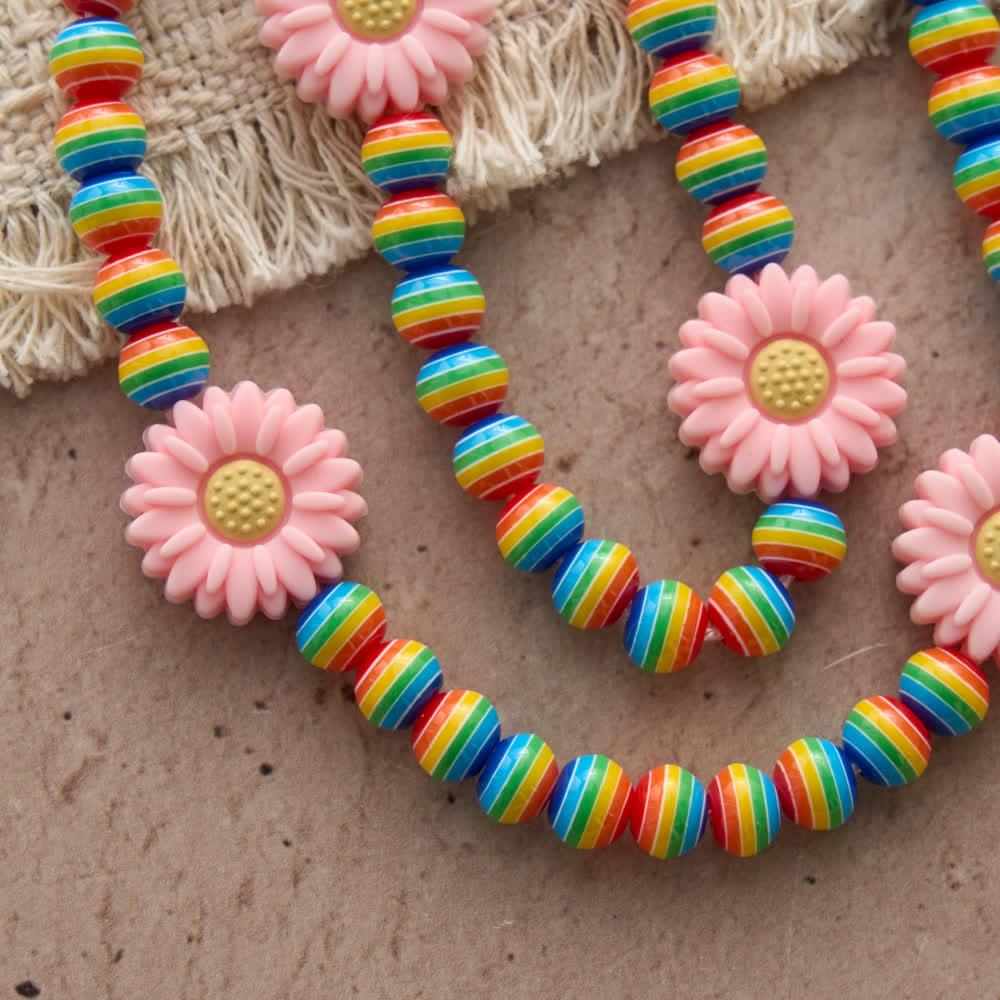 Rainbow Candy Stripe Bead Kid's Rosary with Pink Daisy Nodes & Jesus Cross