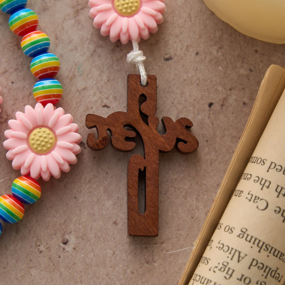 Rainbow Candy Stripe Bead Kid's Rosary with Pink Daisy Nodes & Jesus Cross