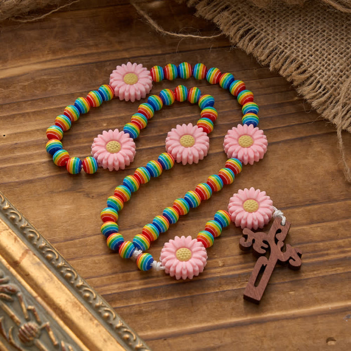 Rainbow Candy Stripe Bead Kid's Rosary with Pink Daisy Nodes & Jesus Cross