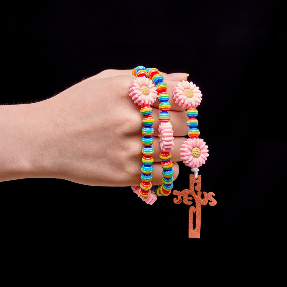 Rainbow Candy Stripe Bead Kid's Rosary with Pink Daisy Nodes & Jesus Cross
