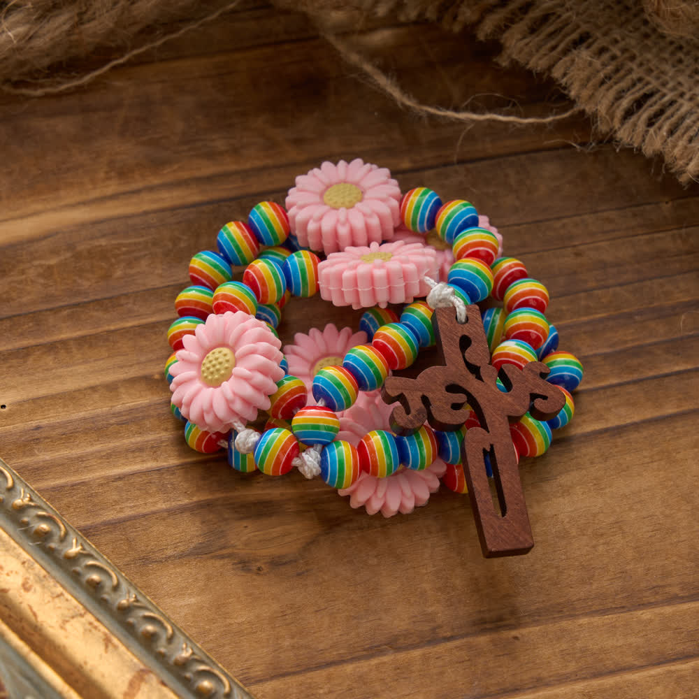 Rainbow Candy Stripe Bead Kid's Rosary with Pink Daisy Nodes & Jesus Cross