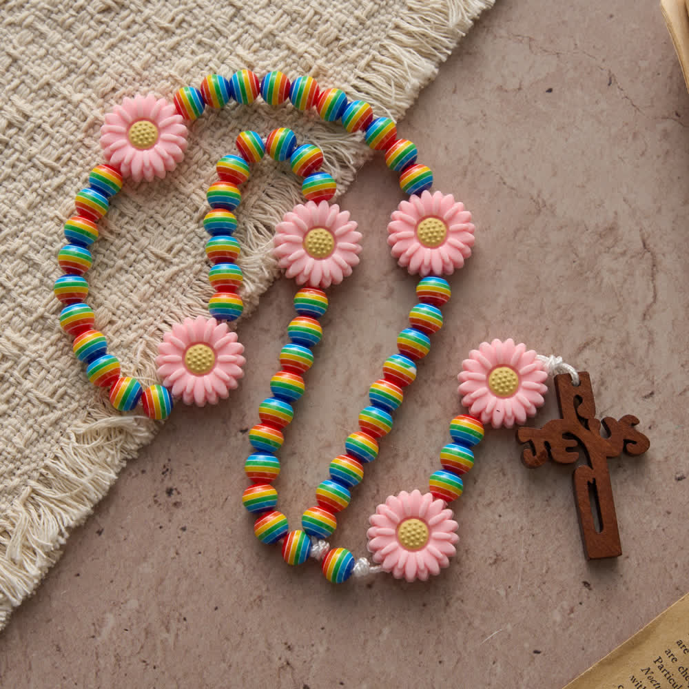 Rainbow Candy Stripe Bead Kid's Rosary with Pink Daisy Nodes & Jesus Cross