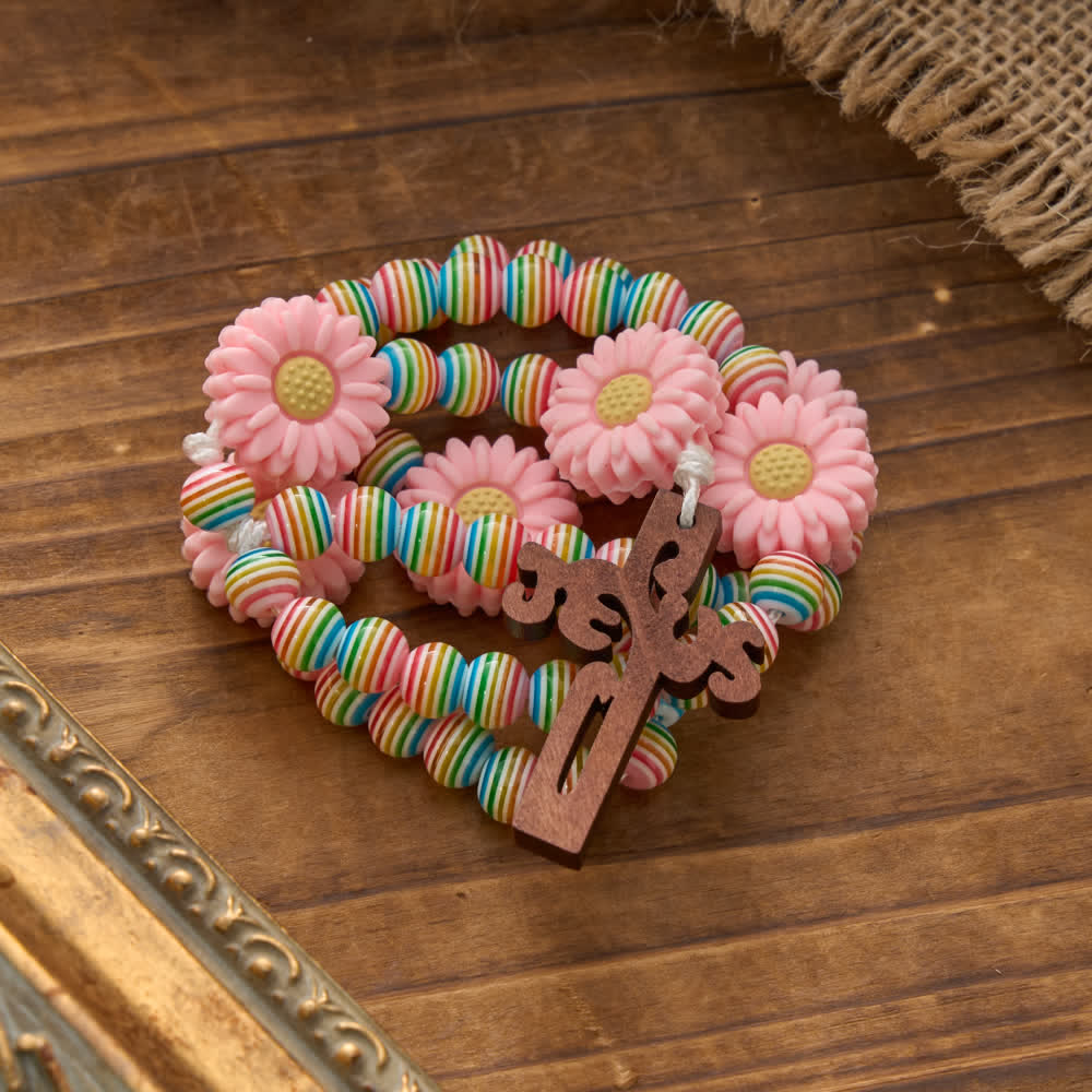 Soft Pastel Rainbow Stripe Rosary with Pink Daisy & Kids' Faith Accessory