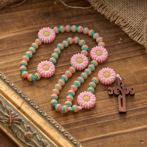 Soft Pastel Rainbow Stripe Rosary with Pink Daisy & Kids' Faith Accessory