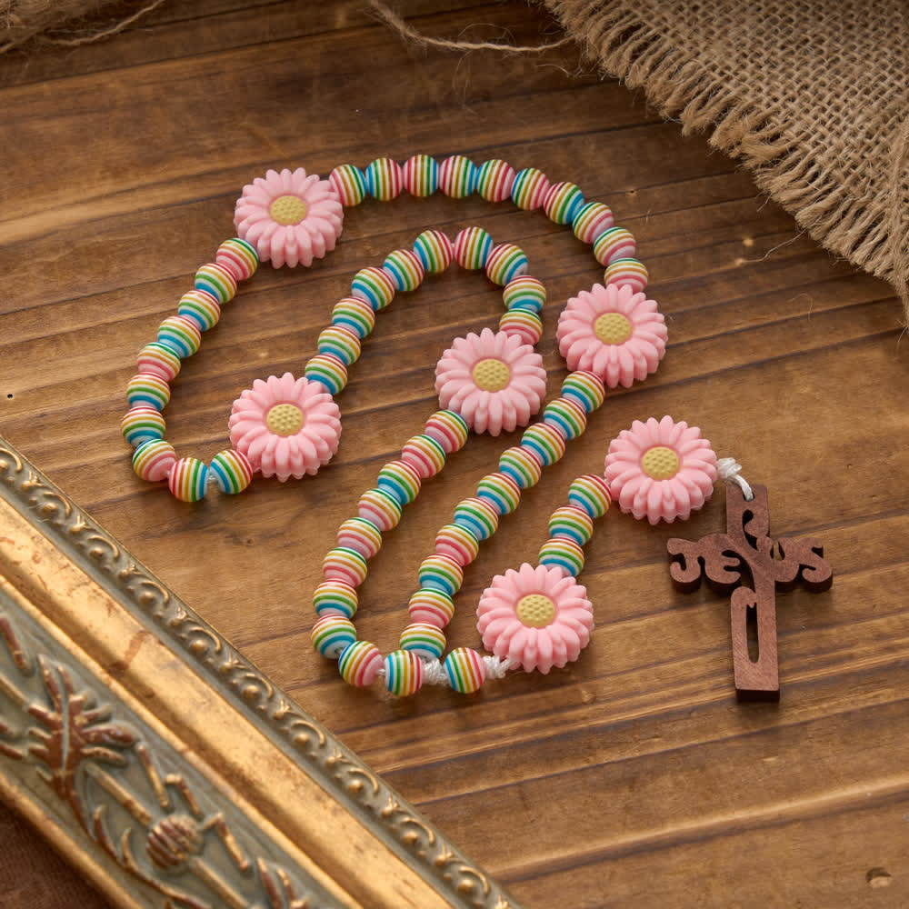 Soft Pastel Rainbow Stripe Rosary with Pink Daisy & Kids' Faith Accessory