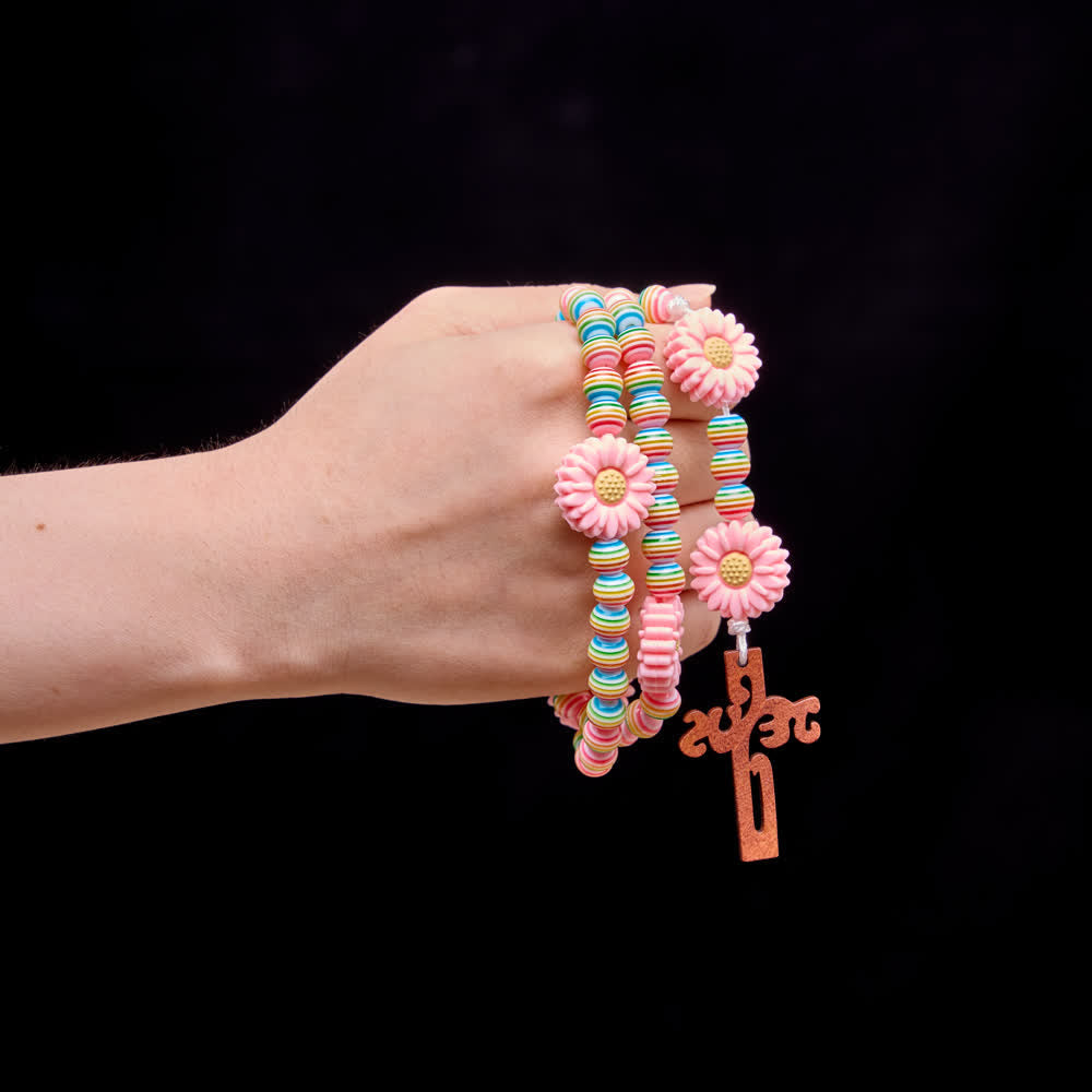 Soft Pastel Rainbow Stripe Rosary with Pink Daisy & Kids' Faith Accessory