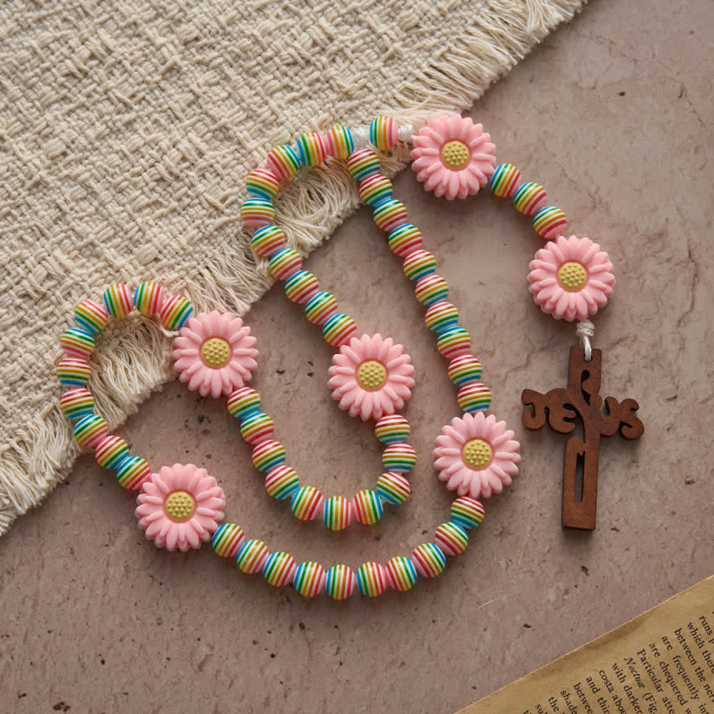 Soft Pastel Rainbow Stripe Rosary with Pink Daisy & Kids' Faith Accessory
