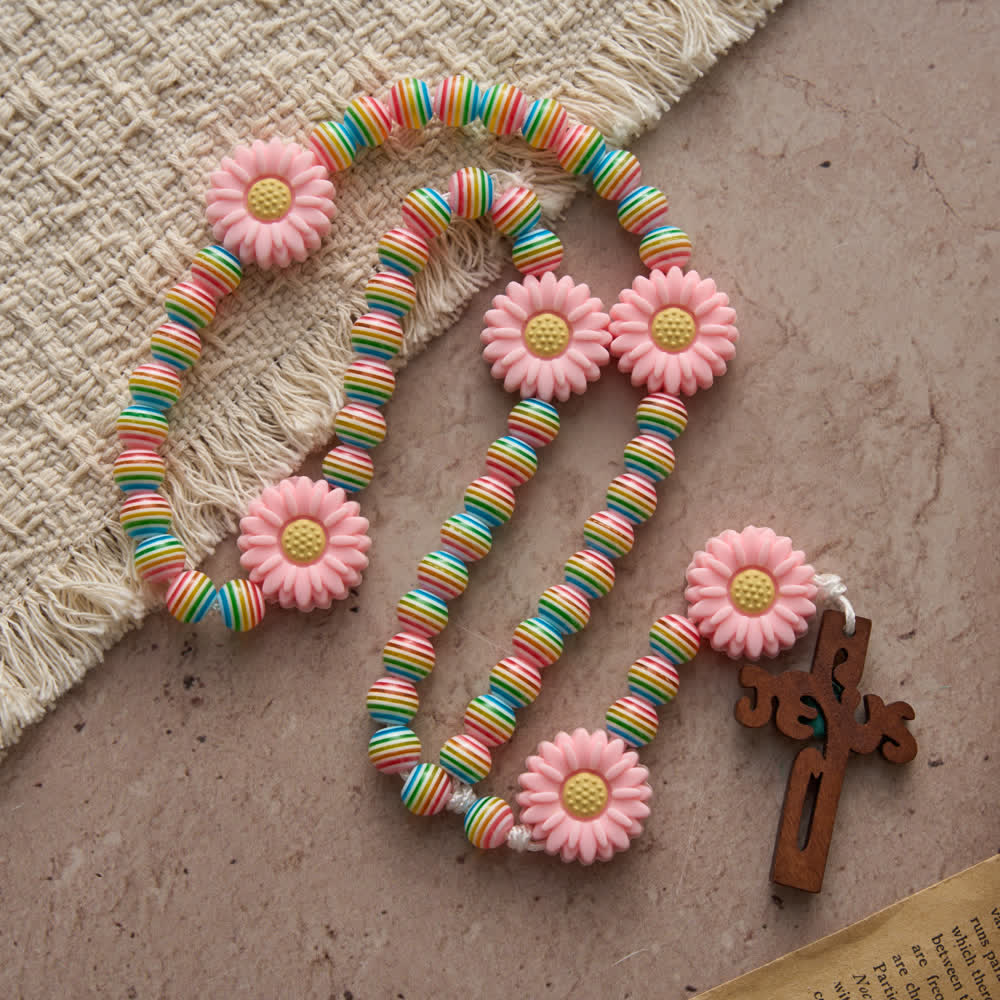 Soft Pastel Rainbow Stripe Rosary with Pink Daisy & Kids' Faith Accessory