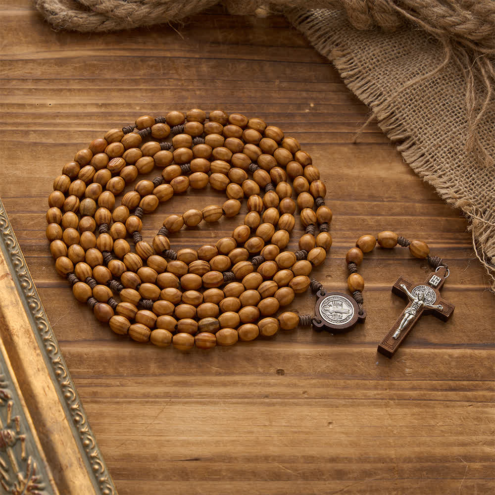 Traditional Rustic Oval Wood 15-Decade Rosary with St. Benedict Centerpiece