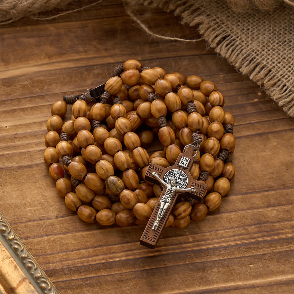 Traditional Rustic Oval Wood 15-Decade Rosary with St. Benedict Centerpiece