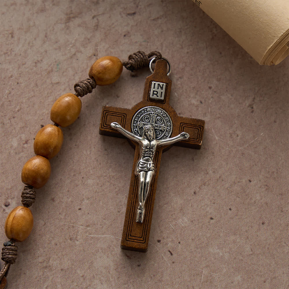 Traditional Rustic Oval Wood 15-Decade Rosary with St. Benedict Centerpiece