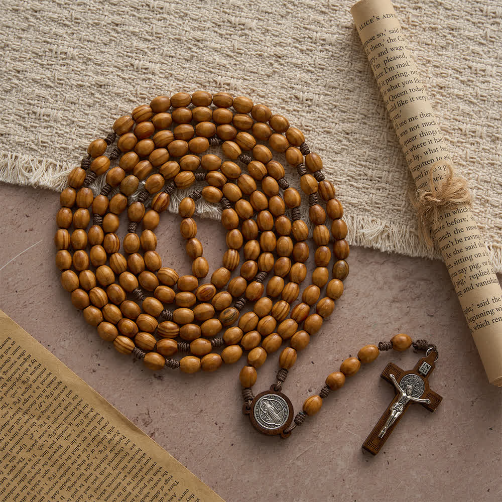 Traditional Rustic Oval Wood 15-Decade Rosary with St. Benedict Centerpiece