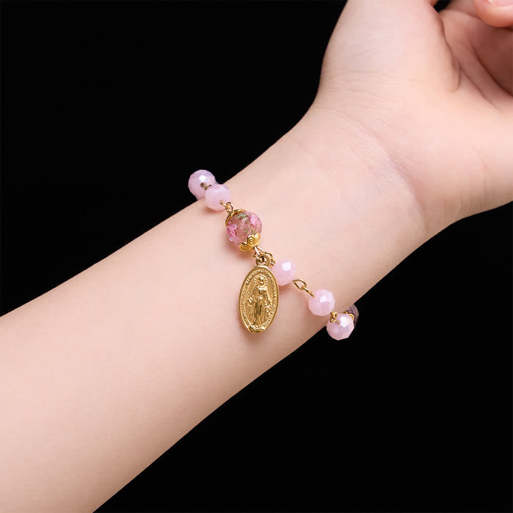 Soft Pink Crystal Devotional Bracelet with Our Lady Medal & Cross