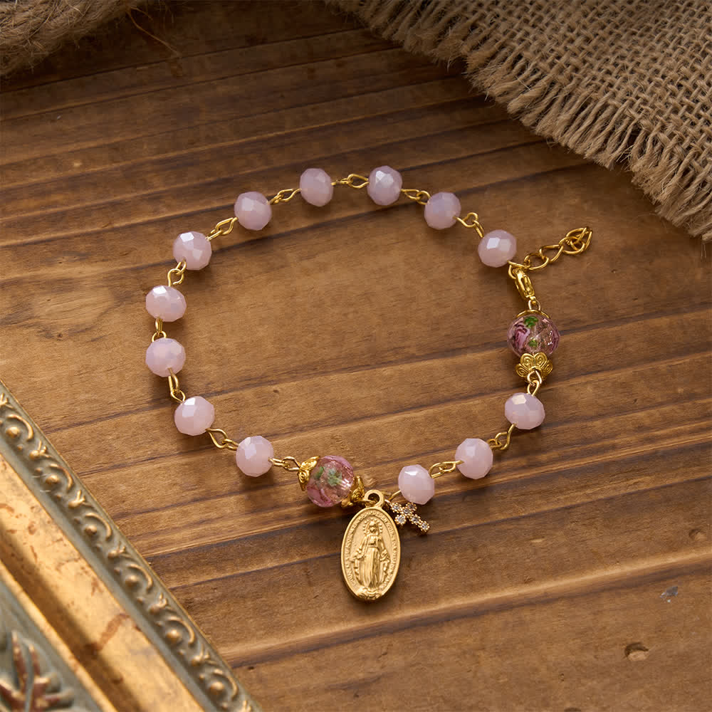 Soft Pink Crystal Devotional Bracelet with Our Lady Medal & Cross