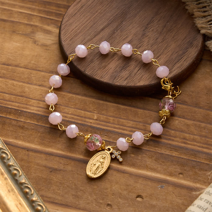 Soft Pink Crystal Devotional Bracelet with Our Lady Medal & Cross