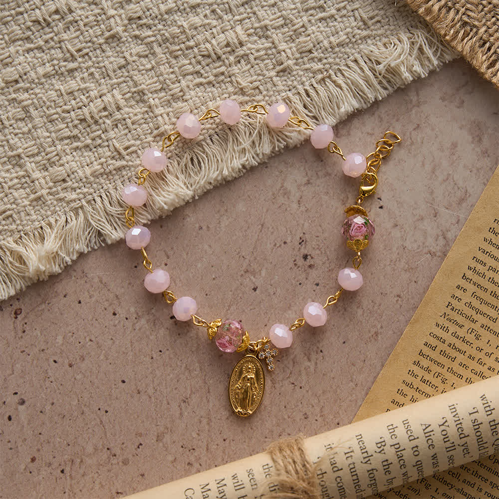 Soft Pink Crystal Devotional Bracelet with Our Lady Medal & Cross
