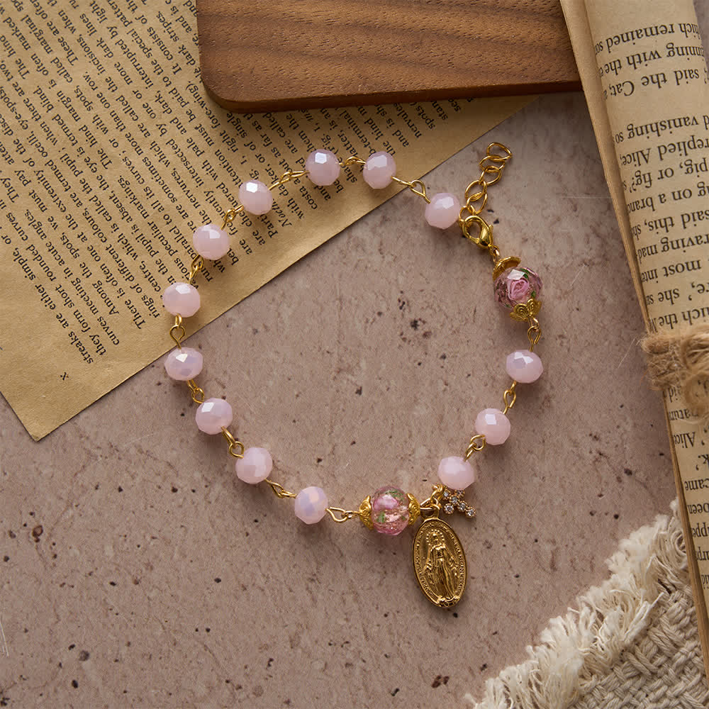 Soft Pink Crystal Devotional Bracelet with Our Lady Medal & Cross