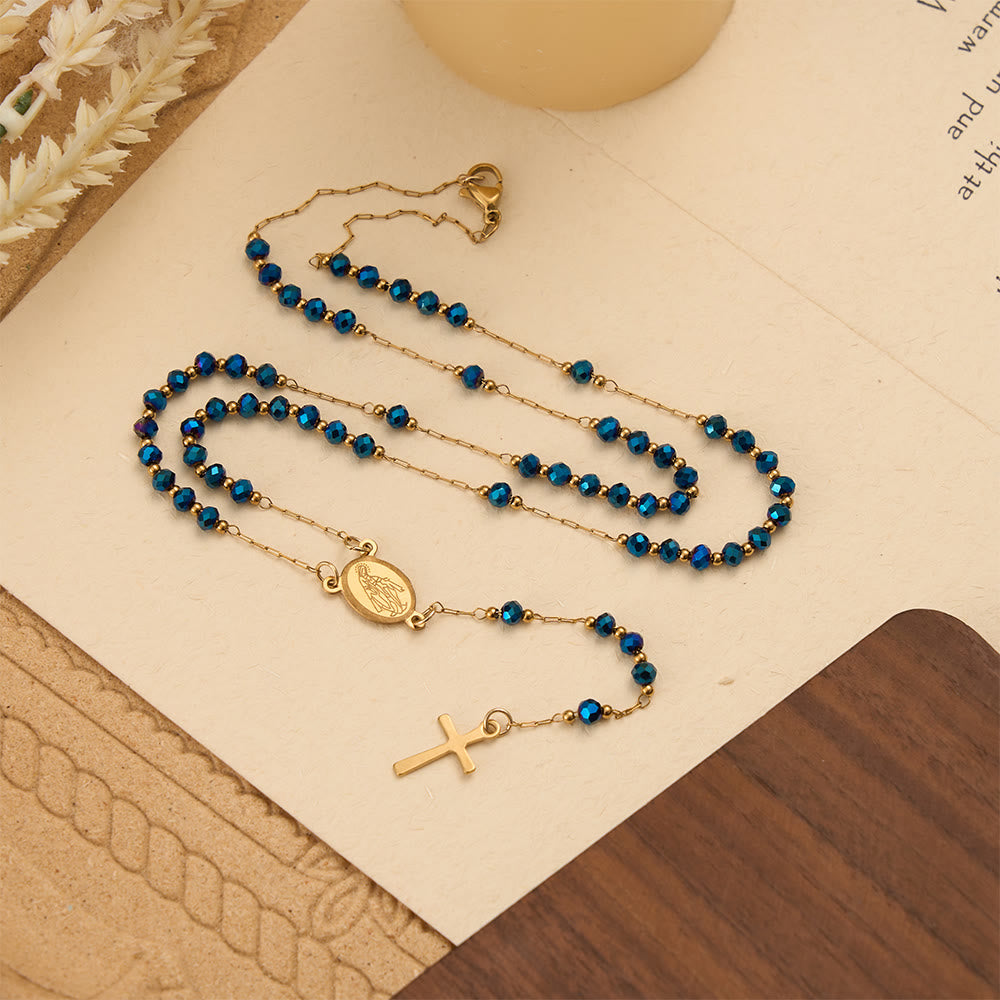 Faceted Crystal & Imitation Pearl Bead Minimal Our Lady Rosary with Flat Cross Pendant