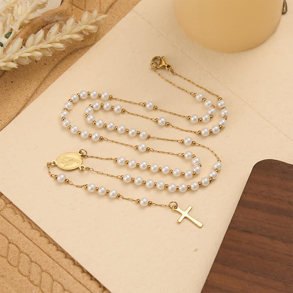 Faceted Crystal & Imitation Pearl Bead Minimal Our Lady Rosary with Flat Cross Pendant