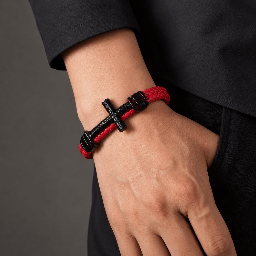 10-Color Braided Leather Cross Bracelet with Embossed Details: A Symbol of Rugged Faith