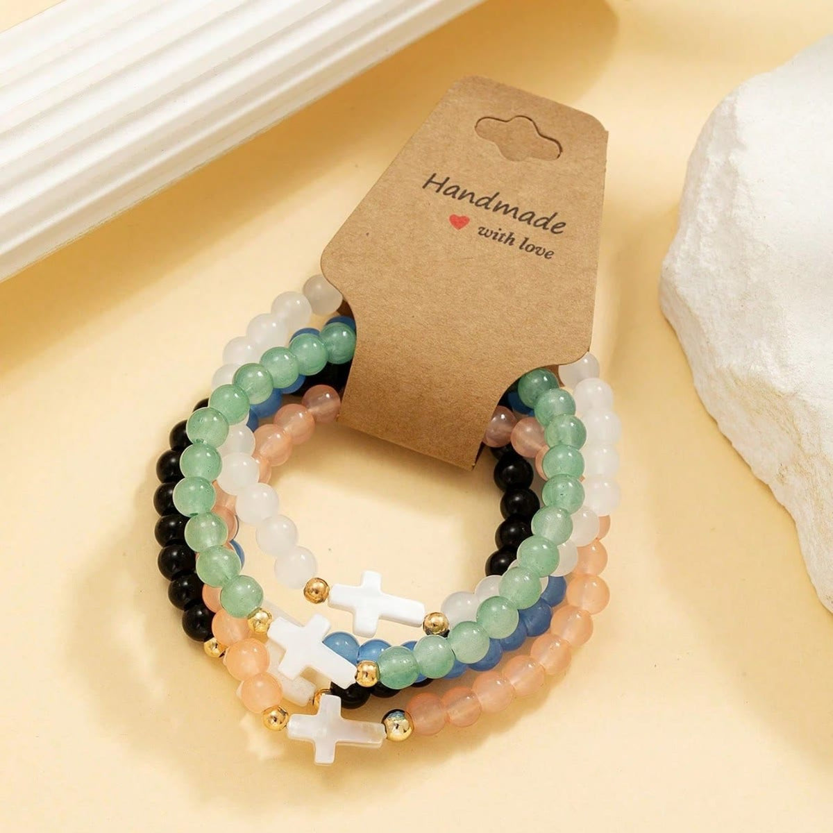 Faceted Crystal, Matte Mineral & Smooth Round Bead Multi-Layer Cross Bracelet Set
